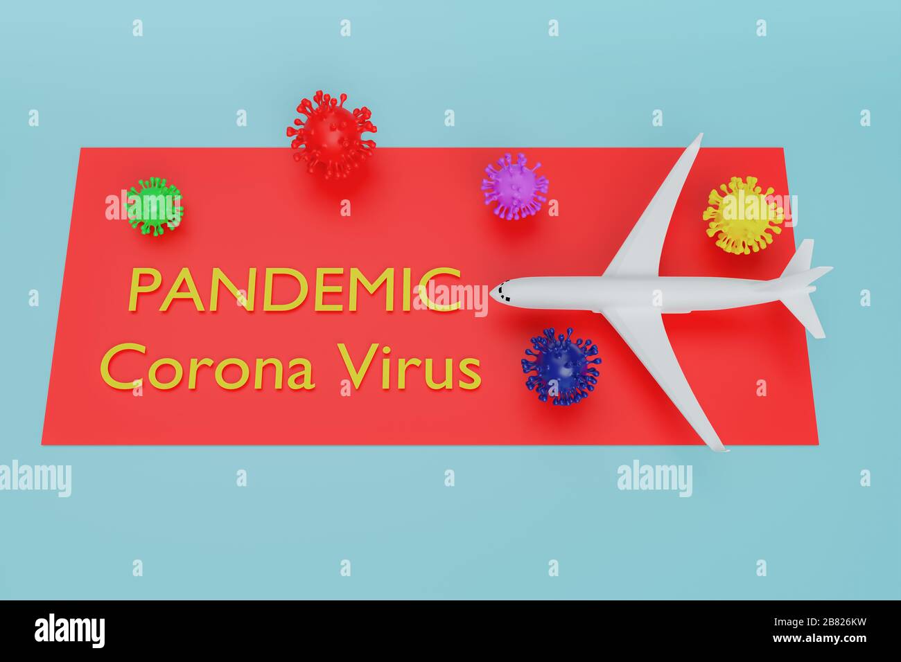 Globale Pandemie mit Coronavirus COVID-19 mit Flugzeug, Stopp Pandemie Reise stoppen Stopp Reise stoppen DIE Ausbreitung der Keime COVID-19,3D Abbildung Stockfoto