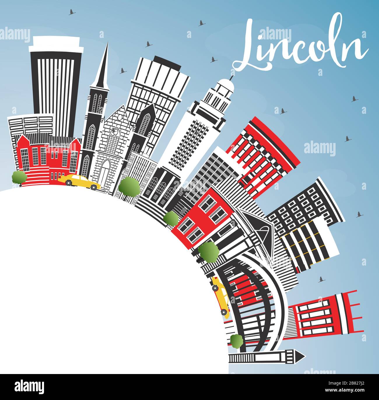 Lincoln Nebraska City Skyline mit Farbgebäuden, blauem Himmel und Kopierraum. Vektorgrafiken. Business Travel and Tourism Concept mit historischem AR Stock Vektor