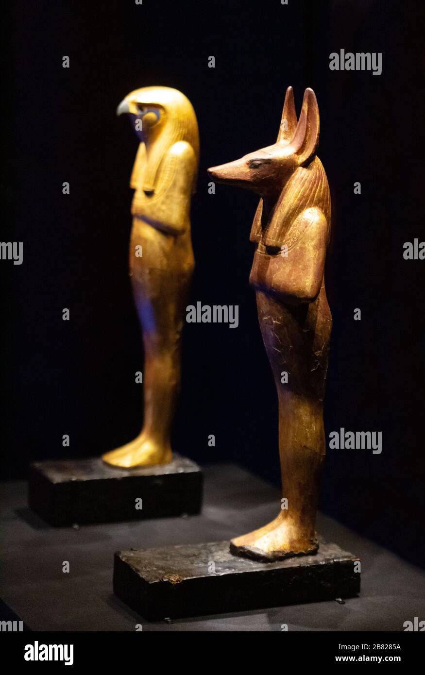 Tutanchamuns Grabschätze - kleine Statuen von Herwer ( Horus der ältere ) und Duamutef, einem der Söhne Horus, ägyptischer Götter aus dem alten Ägypten Stockfoto