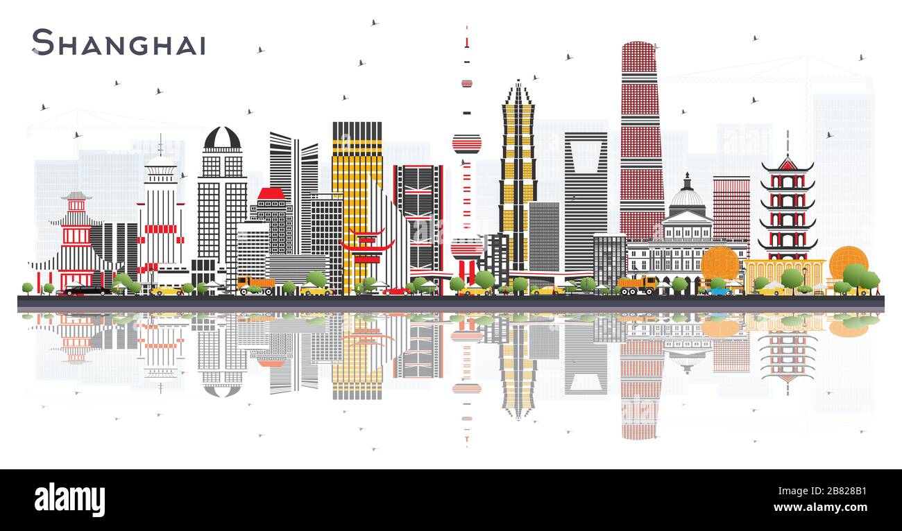 Skyline von Shanghai China City mit Farbgebäuden und Reflexionen isoliert auf Weiß. Vektorgrafiken. Stock Vektor