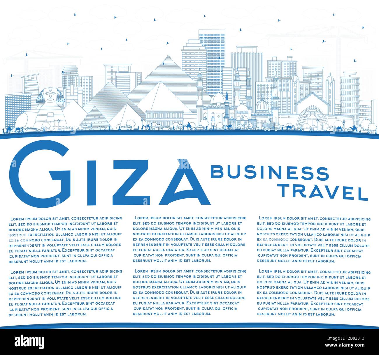 Umrisse Gizeh Egypt City Skyline mit blauen Gebäuden und Kopierräumen. Vektorgrafiken. Stock Vektor