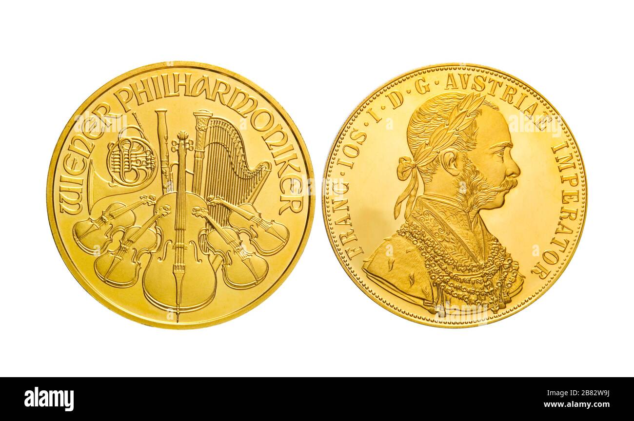 Goldmünze, obvers und umgekehrt, österreichische Goldmünze, Wiener Philharmoniker, Österreich Stockfoto