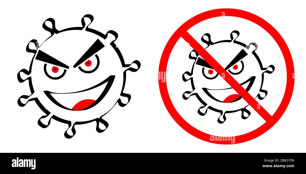 Corona-Virus mit mittlerem, creepigem Gesicht, schwarzem und rotem Cartoon, Corona verbotene Zeichen, Illustration Stockfoto