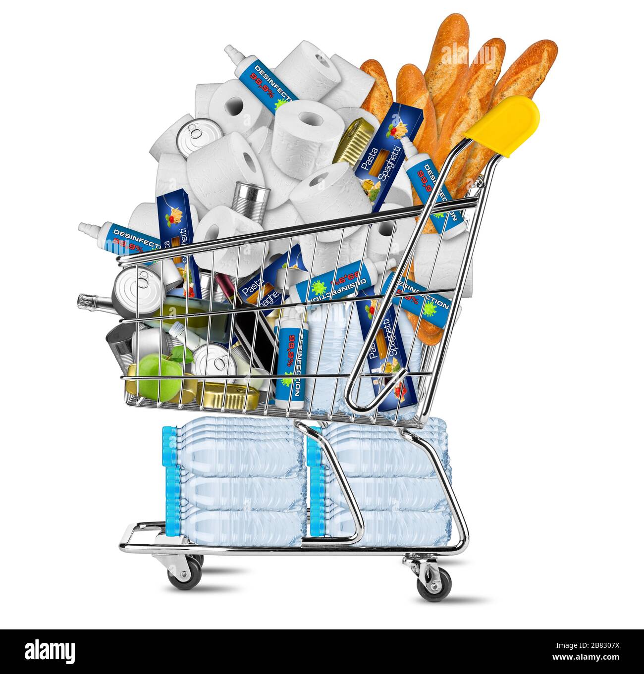 Hamster käuflich Panic Shopping Coronavirus Krisenkonzept. Warenkorb gefüllt mit Desinfektionspray Pasta wc-Papier Wasser Lebensmittel Wein Getränke isola Stockfoto
