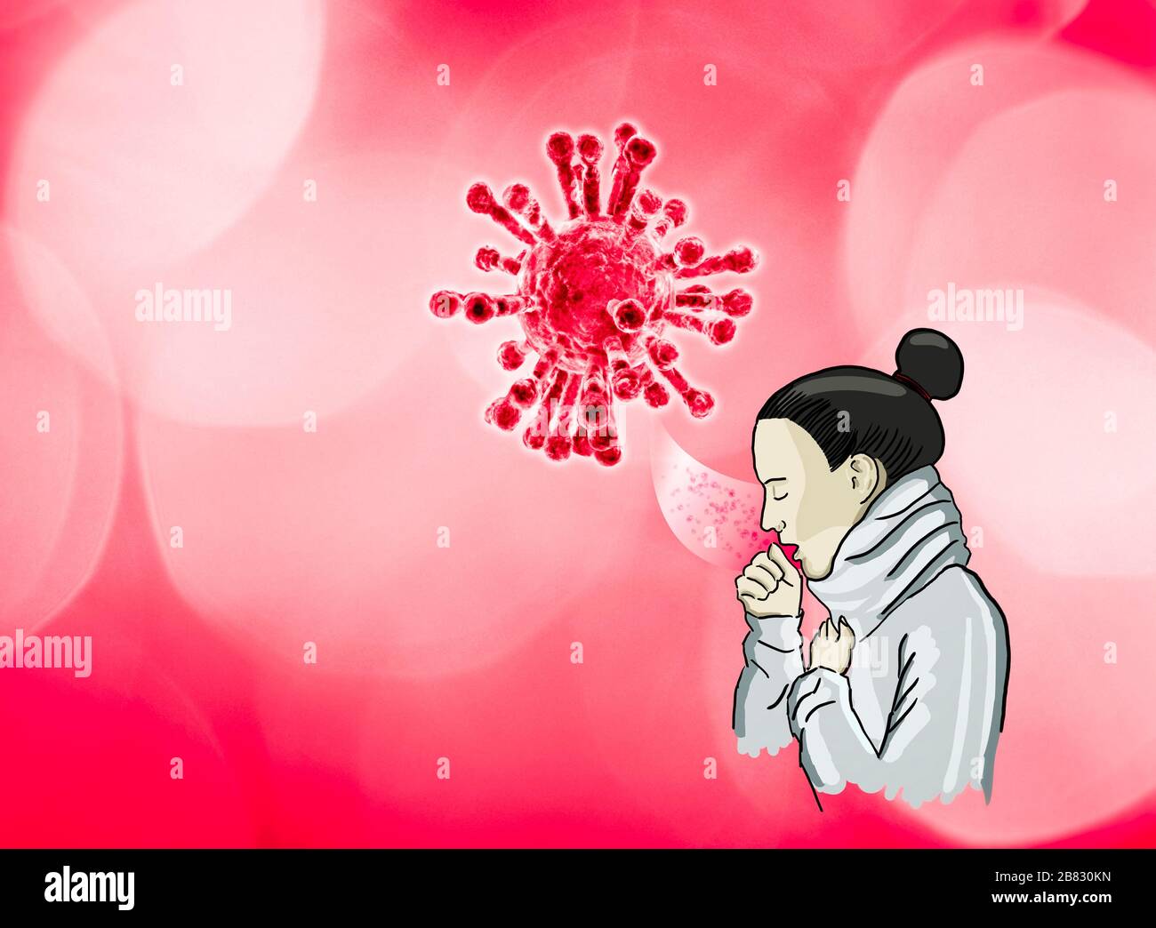 Schutz gegen Coronavirus. Covid-19 verbreitet. Wie man dem Notfall des Coronavirus entgegenwirkt. Mädchen mit Husten, der das Virus verbreitet Stockfoto