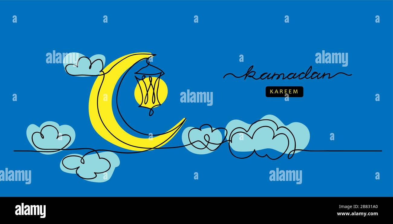 Ramadan einfacher, minimalistischer blauer Vektorhintergrund mit Laterne, Halbmond, Mond, Wolken. Stock Vektor