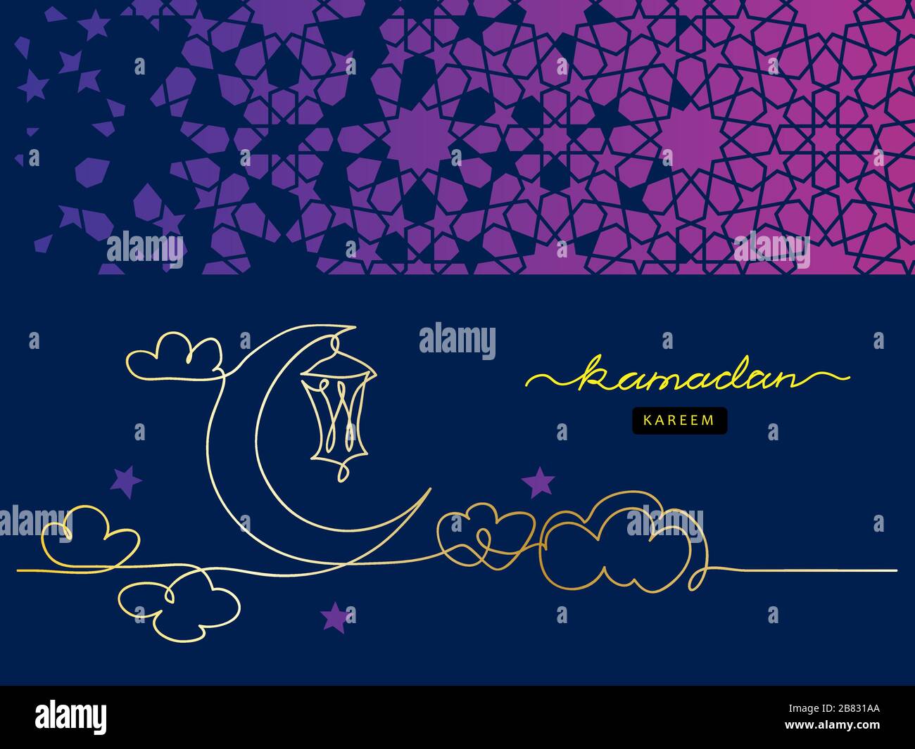 Ramadan Nachtkarte. Eine durchgehende Linienzeichnung. Stock Vektor