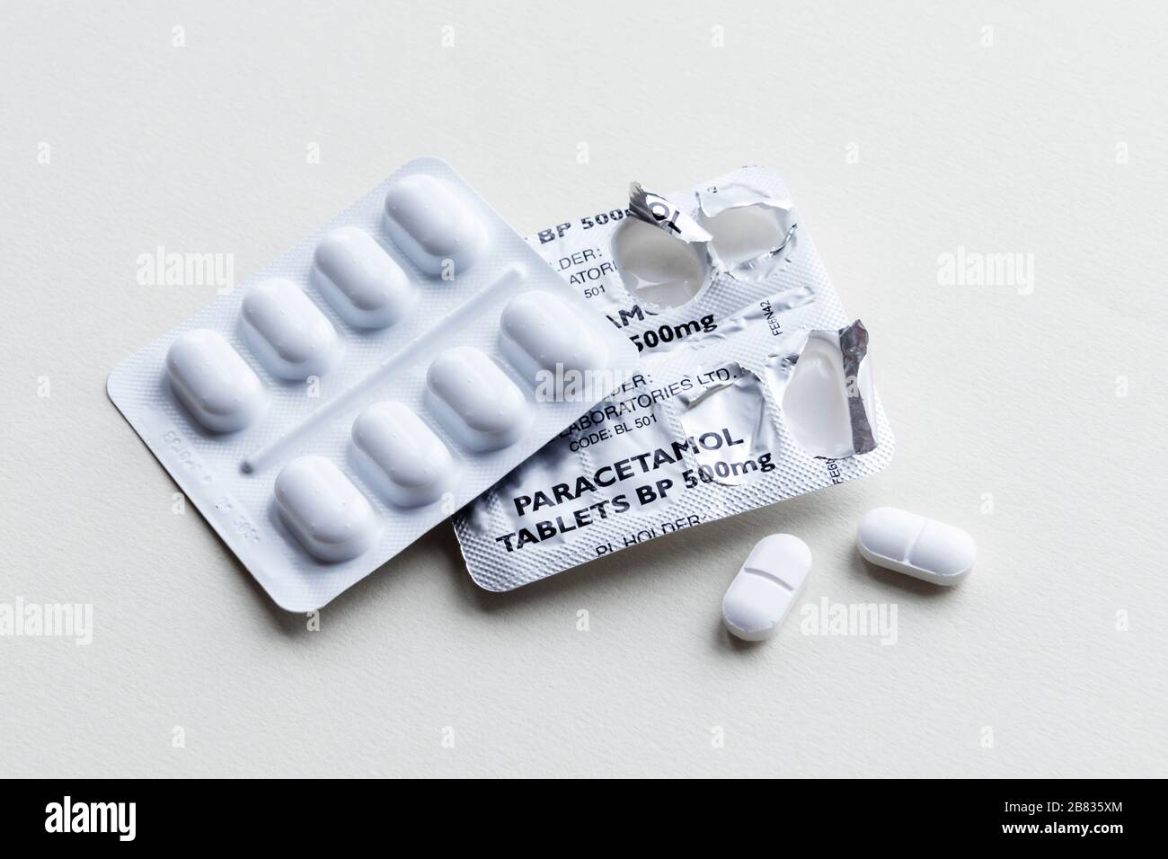 Paracetamol-Tabletten in einer Blisterpackung, zwei Tabletten entfernt, vor einem einfachen Hintergrund Stockfoto