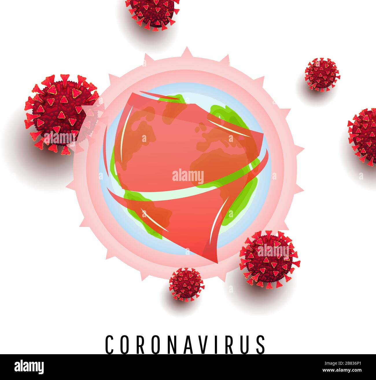 Covid-19 Coronavirus Outbreak-Konzept mit Weltglobus-Kartenschutz und 3D-Coronavirus-Bakterienzellen-Infografiken. Roman Coronavirus, 2019-nCoV. Stock Vektor