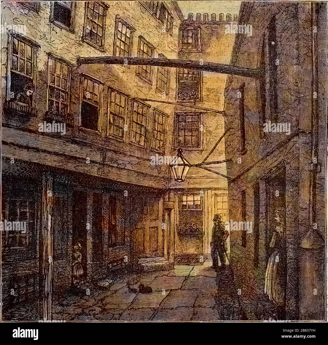 Gravur der goldenen Gebäude vor dem Strand in London, England, aus dem Buch "Old and New London: A Narrative of its history, its people, and its places" von Thornbury Walter, 1873. Kostenloses Internetarchiv. Hinweis: Das Bild wurde mit einem modernen Verfahren digital koloriert. Farben sind möglicherweise nicht periodengenau. () Stockfoto