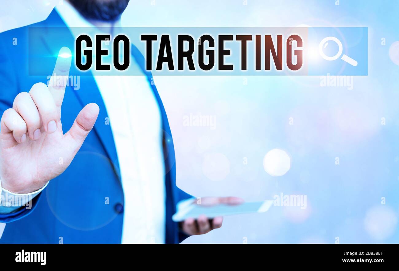Handschrift text Geo Targeting. Konzeptionelle foto Methode zur Bestimmung der Geolocation Besucher dieser Website Stockfoto