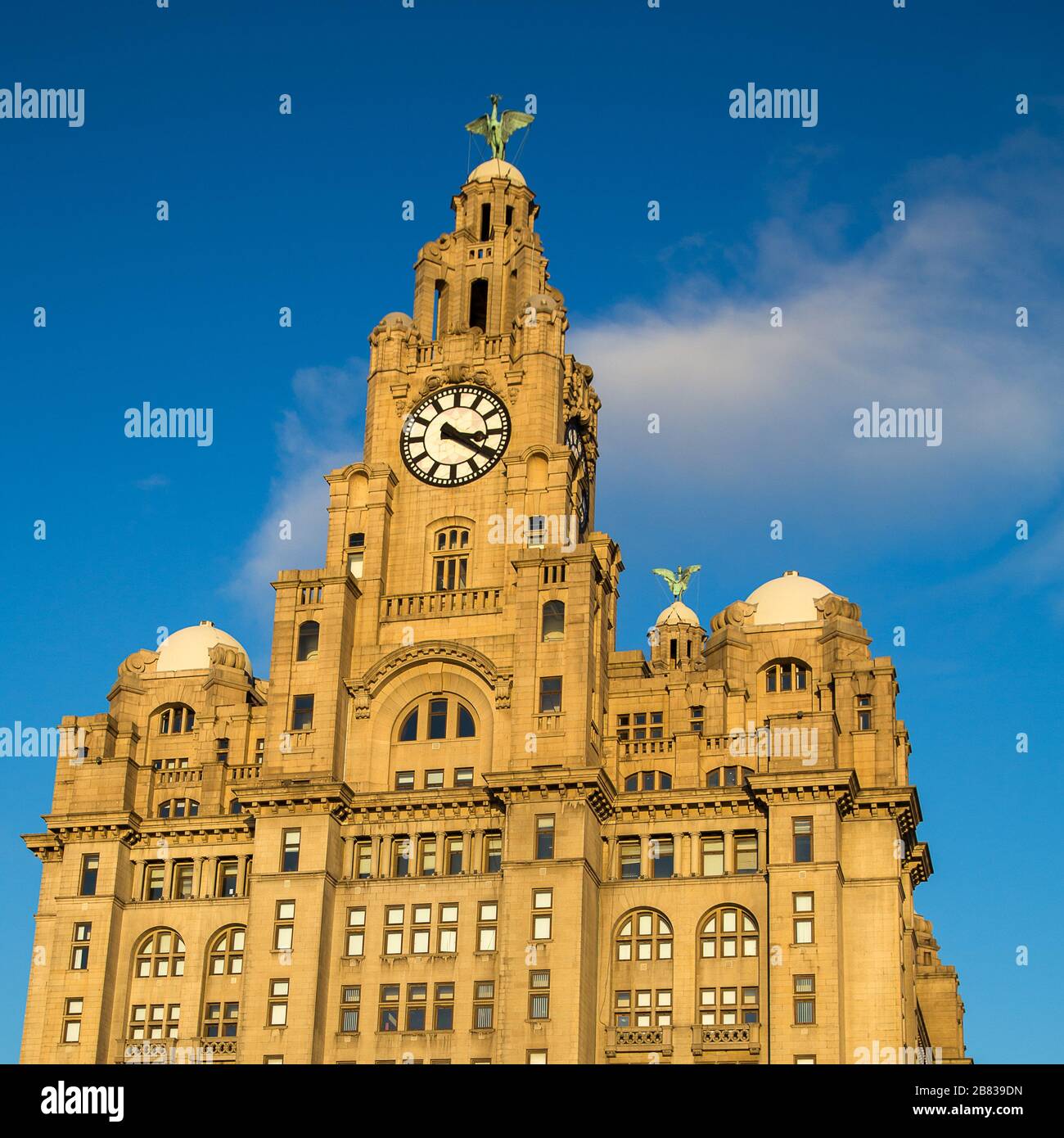 Quadratisches Erntegut des Royal Lever Building in Liverpool bei Sonnenuntergang am 22. November 2013 aufgenommen. Stockfoto