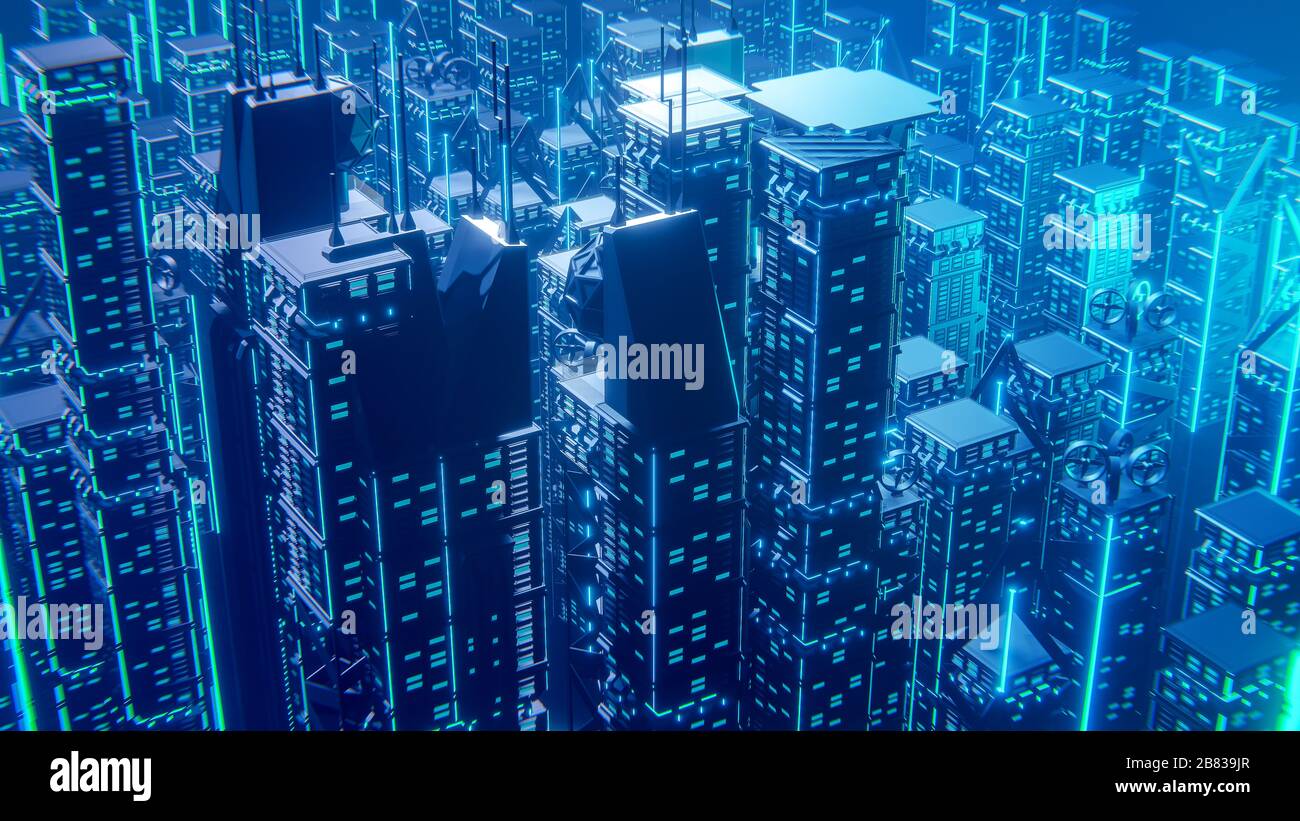 3D-futuristische Sci-Fi-Stadtarchitektur mit organischen Wolkenkratzern und Gebäuden für Science-Fiction- oder Fantasy-Hintergründe. Stockfoto