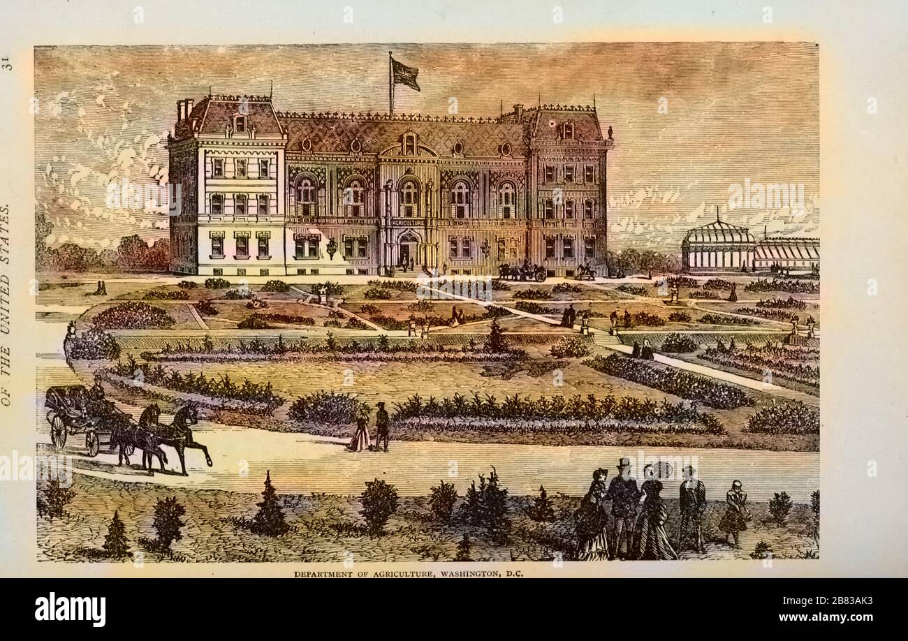 Gravur des Gebäudes des Landwirtschaftsministeriums in Washington, aus dem Buch "Industriegeschichte der Vereinigten Staaten, von den ersten Siedlungen bis zur Gegenwart" von Albert Sidney Bolles, 1878. Kostenloses Internetarchiv. Hinweis: Das Bild wurde mit einem modernen Verfahren digital koloriert. Farben sind möglicherweise nicht periodengenau. () Stockfoto