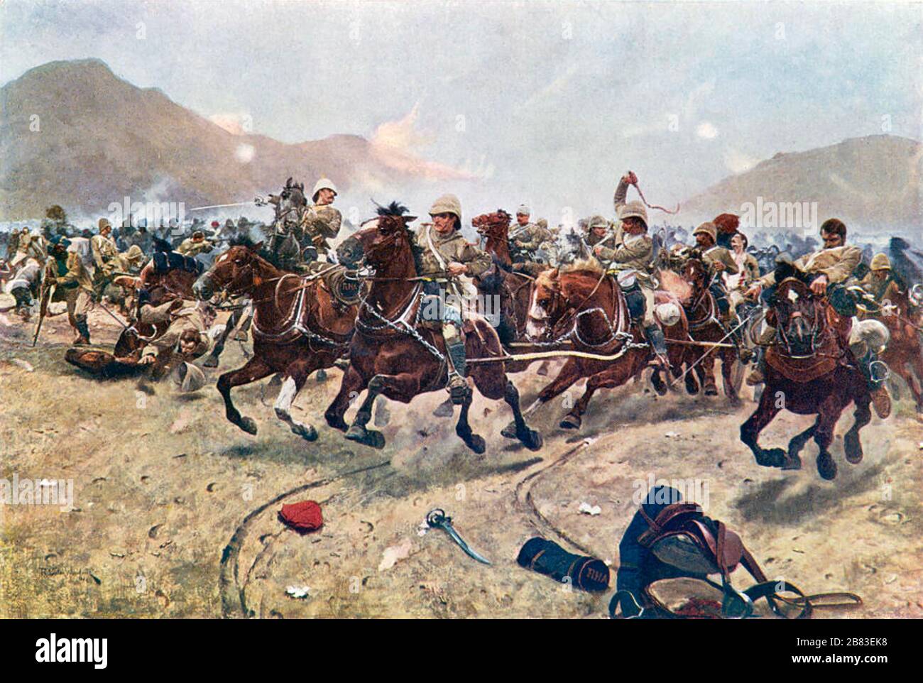 SCHLACHT VON MAIWAND, Afghanistan, 27. Juli 1880. Richard Woodvilles Gemälde 'Maiwand: Saving the Guns' von 1883 zeigt die Royal Horse Artillery, die sich von einem afghanischen Angriff zurückzieht Stockfoto