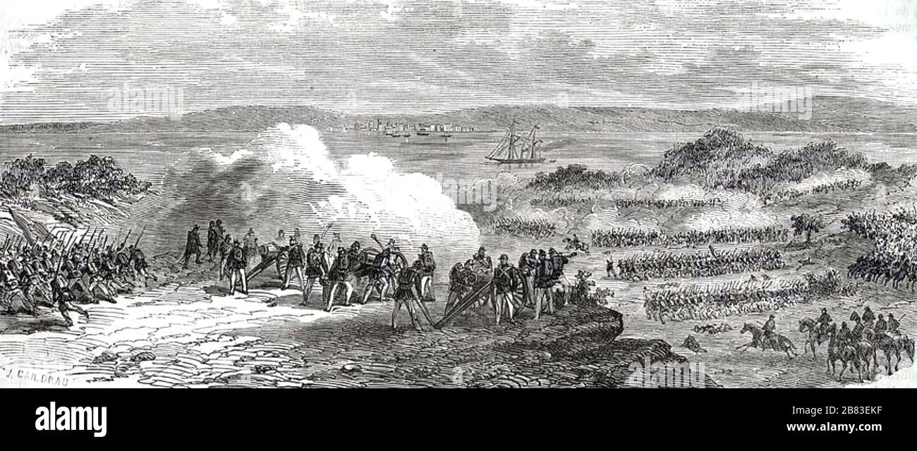SCHLACHT VON YATAY 17 AUGUST 1865. Paraguayische Armee unter Beschuss von einer Batterie der Dreifachen Allianz mit dem Uruguay-Fluss im Hintergrund Stockfoto