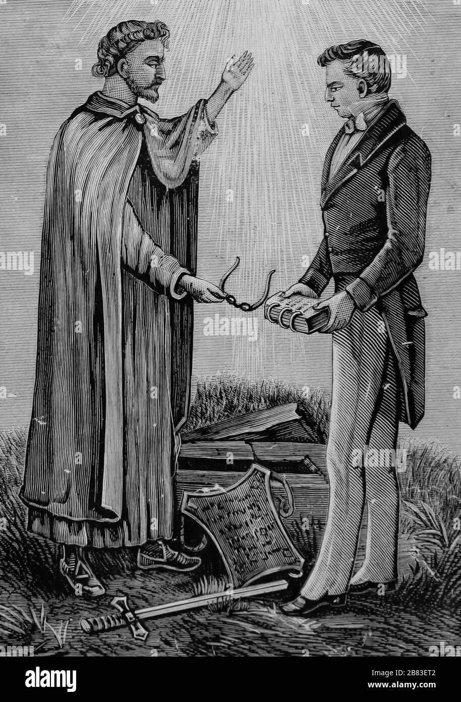 Gravur, die den Engel Moroni zeigt, der Joseph Smith, der Kirche Jesu Christi der Heiligen der letzten Tage, 1907, die Platten des Buches Mormon liefert. Kostenloses Internetarchiv. () Stockfoto