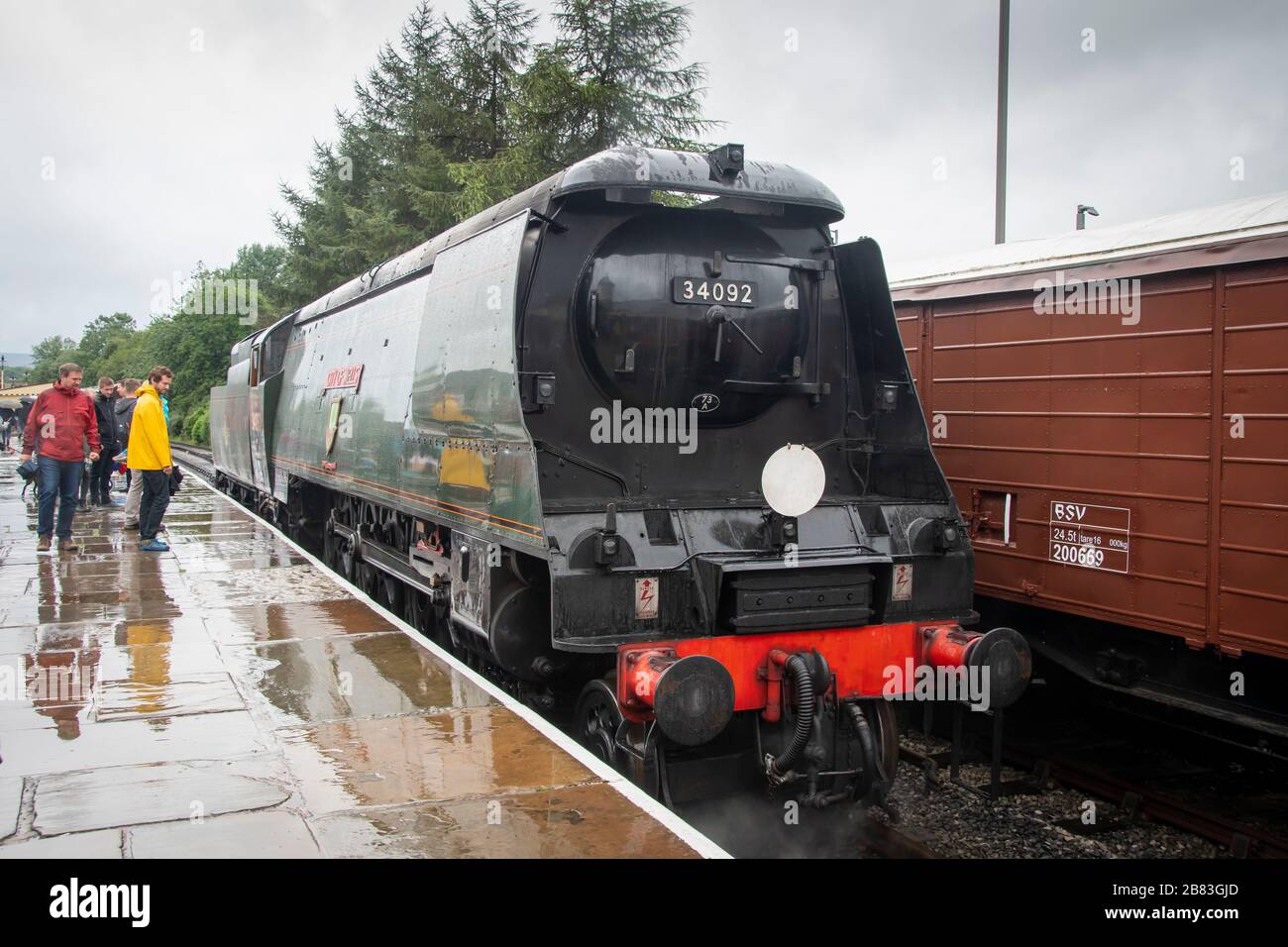 Dampfmaschine der West Country Class der Southern Railway, 34092 "City of Wells", in Rawtenstall an der East Lancashire, Railway, Lancashire, England Stockfoto