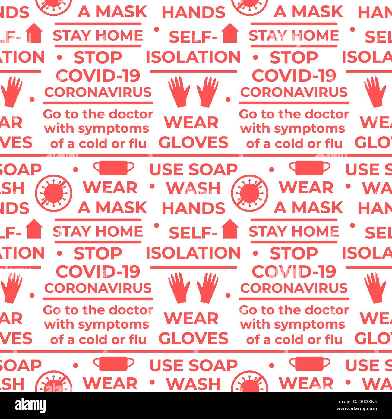 COVID-19 Coronavirus Regeln. Nahtloses Vektormuster mit Text und Symbol. Handschuhe tragen, Maske tragen, Hände waschen, Seife benutzen, zu Hause bleiben, selfie Stock Vektor