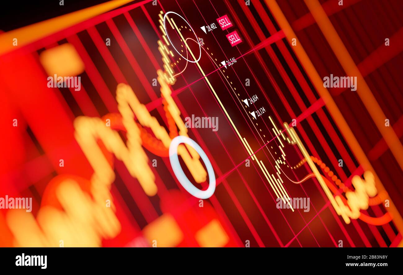 Ein Diagramm, das den großen Verkauf der globalen Aktienmärkte zeigt und 2020 auf globale Ängste, einschließlich einer Pandemie und Ölpreise, abstürzt. 3D-Abbildung Stockfoto