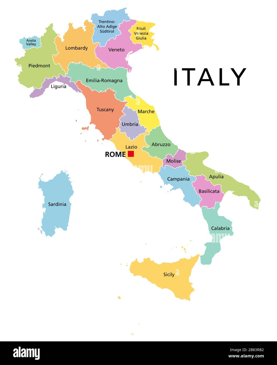 Italien, politische Karte mit mehrfarbigen Verwaltungseinteilungen. Italienische Republik mit der Hauptstadt Rom, ihren 20 Regionen und Grenzen. Englische Kennzeichnung. Stockfoto