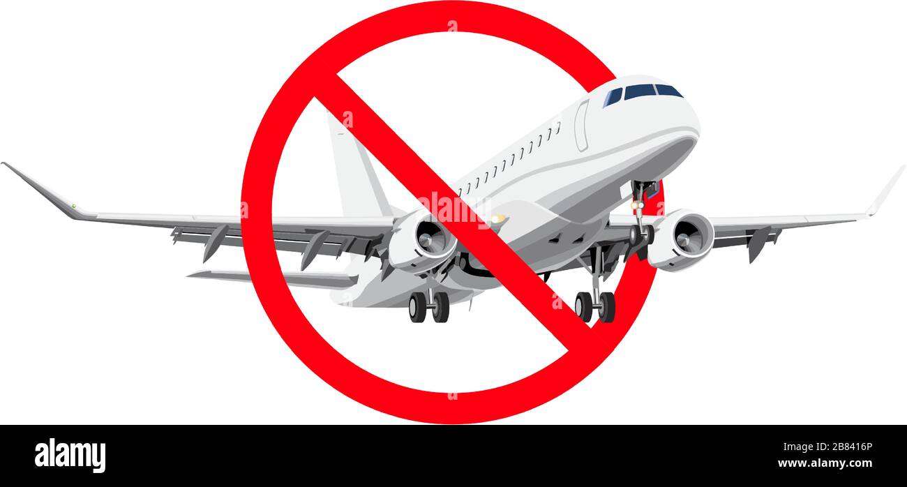 Flugverbot, verbotene Zeichen mit realistischem Flugzeug. Stock Vektor