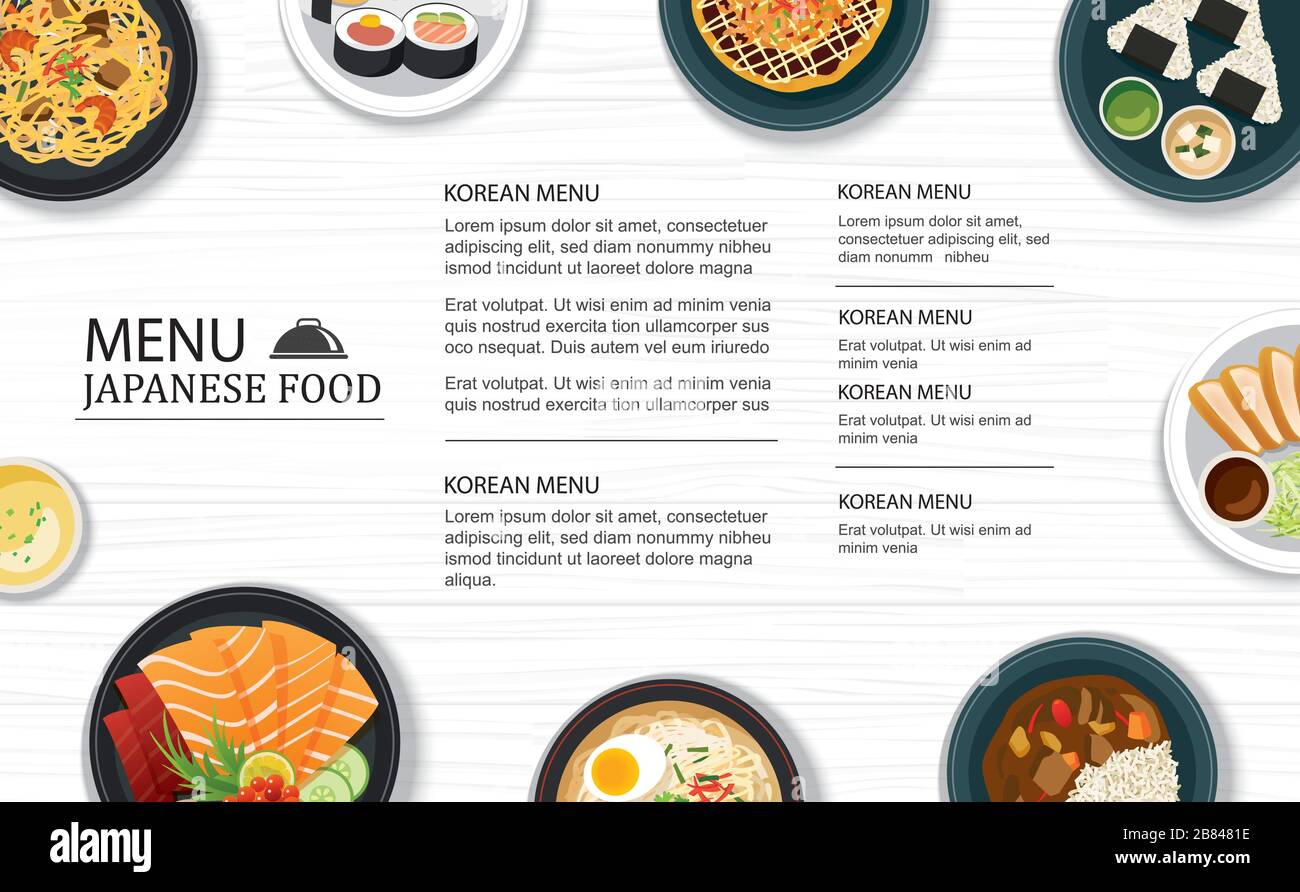 japanisches Restaurant mit Speisekarte auf weißem Holztisch mit Vorlagenhintergrund. Verwendung für Poster, Druck, Flyer, Broschüre. Stock Vektor