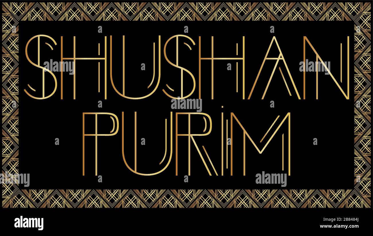 Kunstdeco Shushan Purim Poster, jüdischer Urlaub am 22. März. Goldene dekorative Grußkarte, Schild mit Vintage-Buchstaben. Stock Vektor