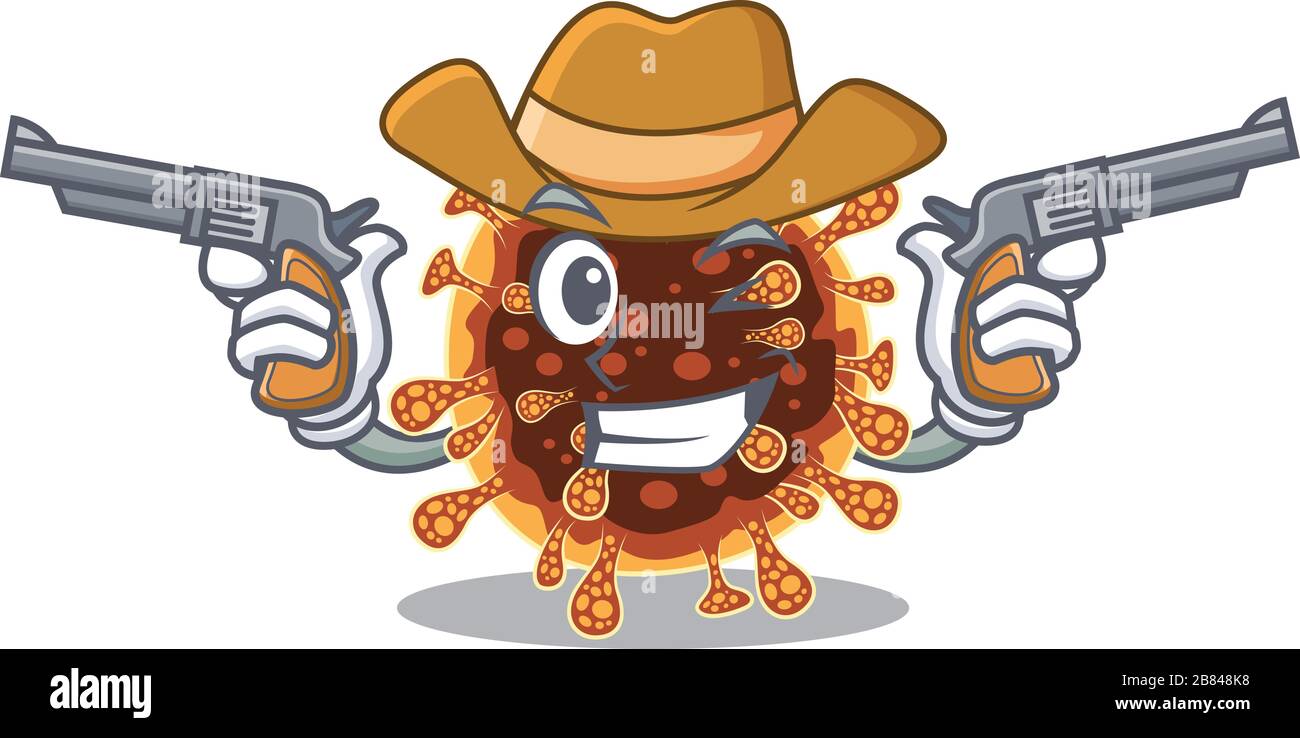 Lustige GammaCoronavirus als CowboyZeichentrickfigur, die Waffen hält