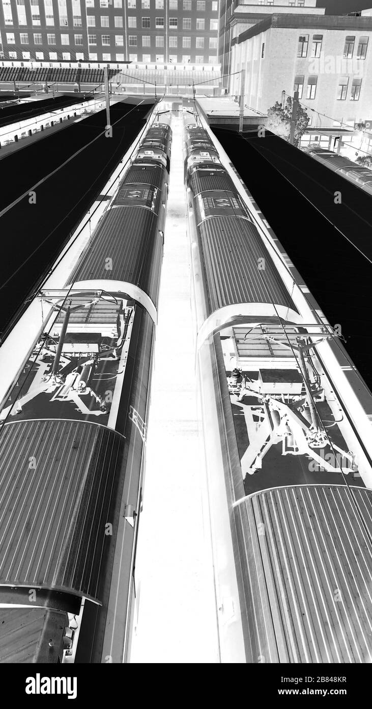 Am Wellington Hauptbahnhof sind diese geparkten elektrischen Züge in schwarz-weiß und invertiert dargestellt Stockfoto