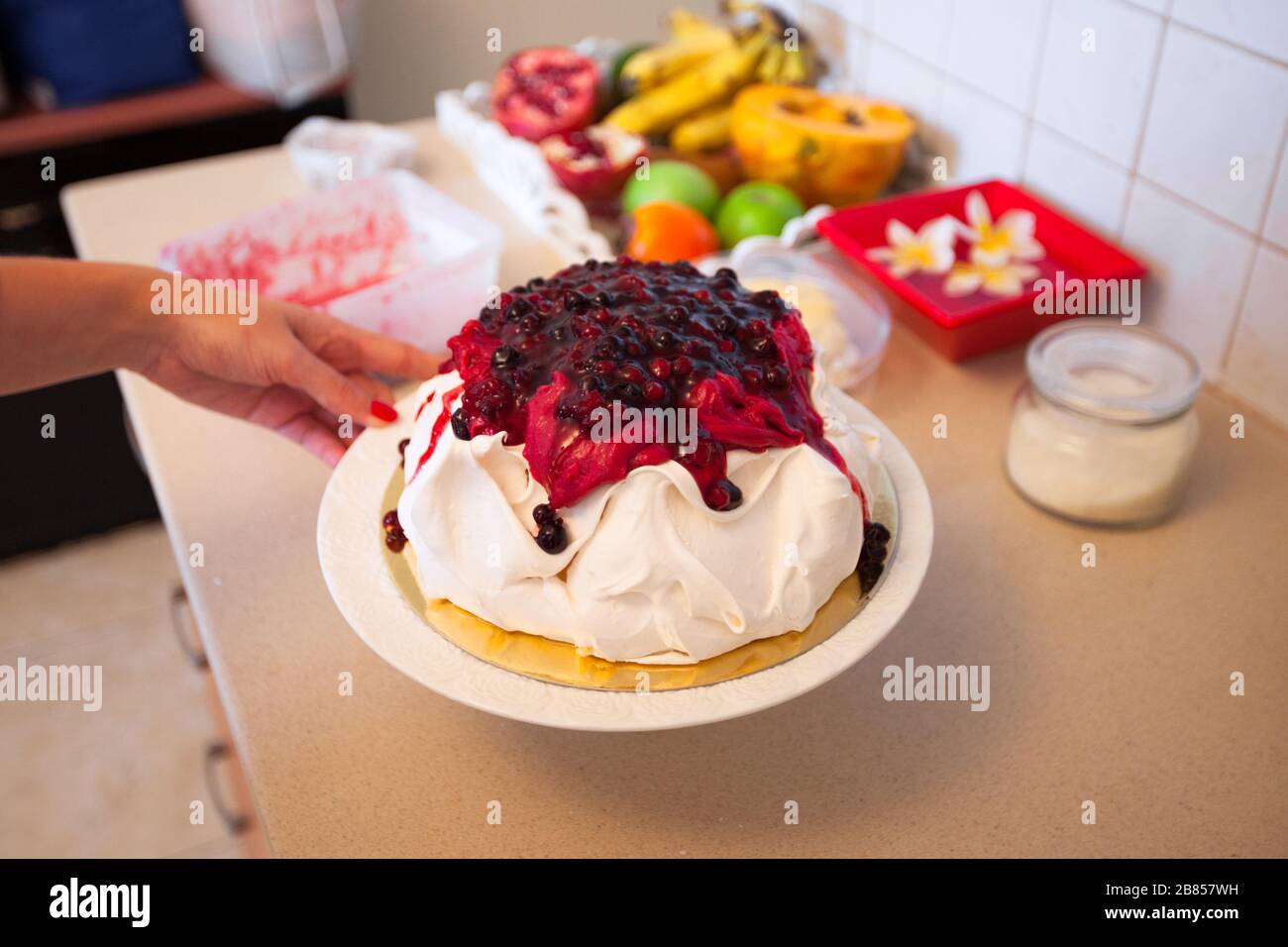Pavlova-Kuchen mit Obstcreme Stockfoto