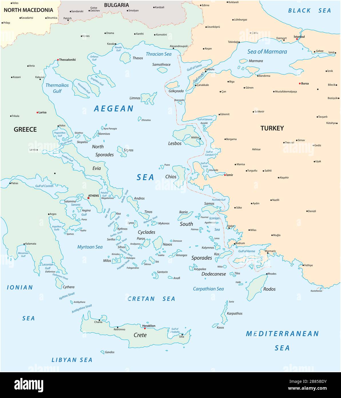 Karte der ägeischen See, Teil des Mittelmeers zwischen Griechenland und der Türkei Stock Vektor