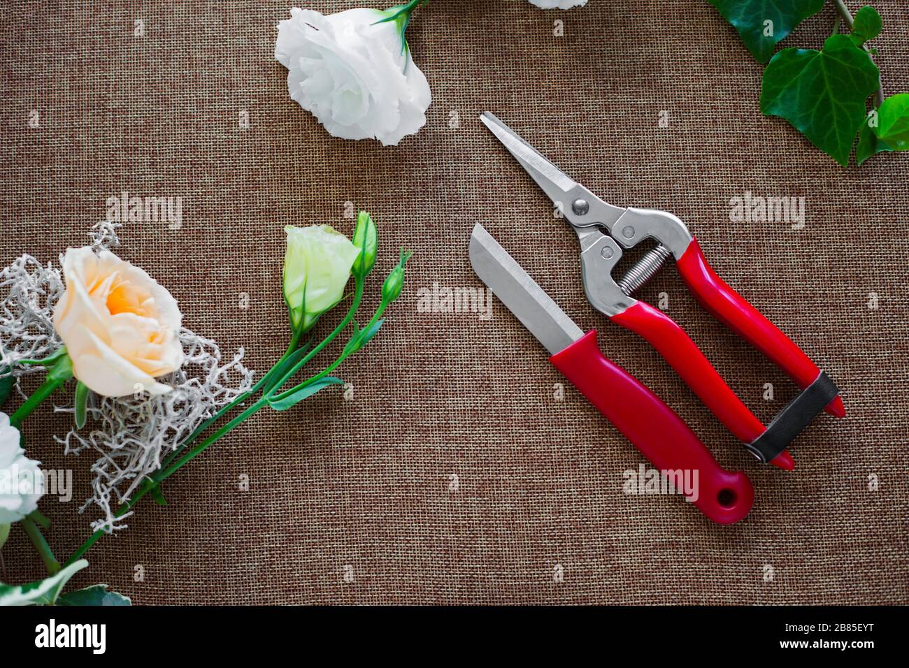 Floristen-Arbeitsplatz. Werkzeuge und Zubehör. Blumen, Pflaugen, Messer, Stifte Stockfoto