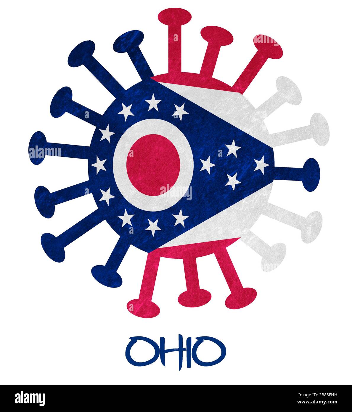 Staatsflaggen von Ohio mit Corona-Virus oder Bakterien - isoliert auf Weiß Stockfoto