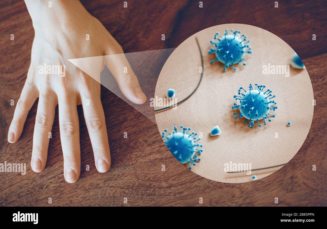 Coronavirus. Nahaufnahme einer kranken Hand durch Lupe übertragen Virus durch Hautkontakt. 3D-Rendering Stockfoto