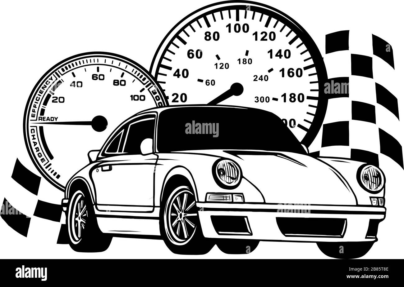 Speed Race Car mit abstrakten Bewegungsunschärfen vor dem Hintergrund einer Karierten Flagge und eines Speedometers mit hoher Geschwindigkeit. Stock Vektor