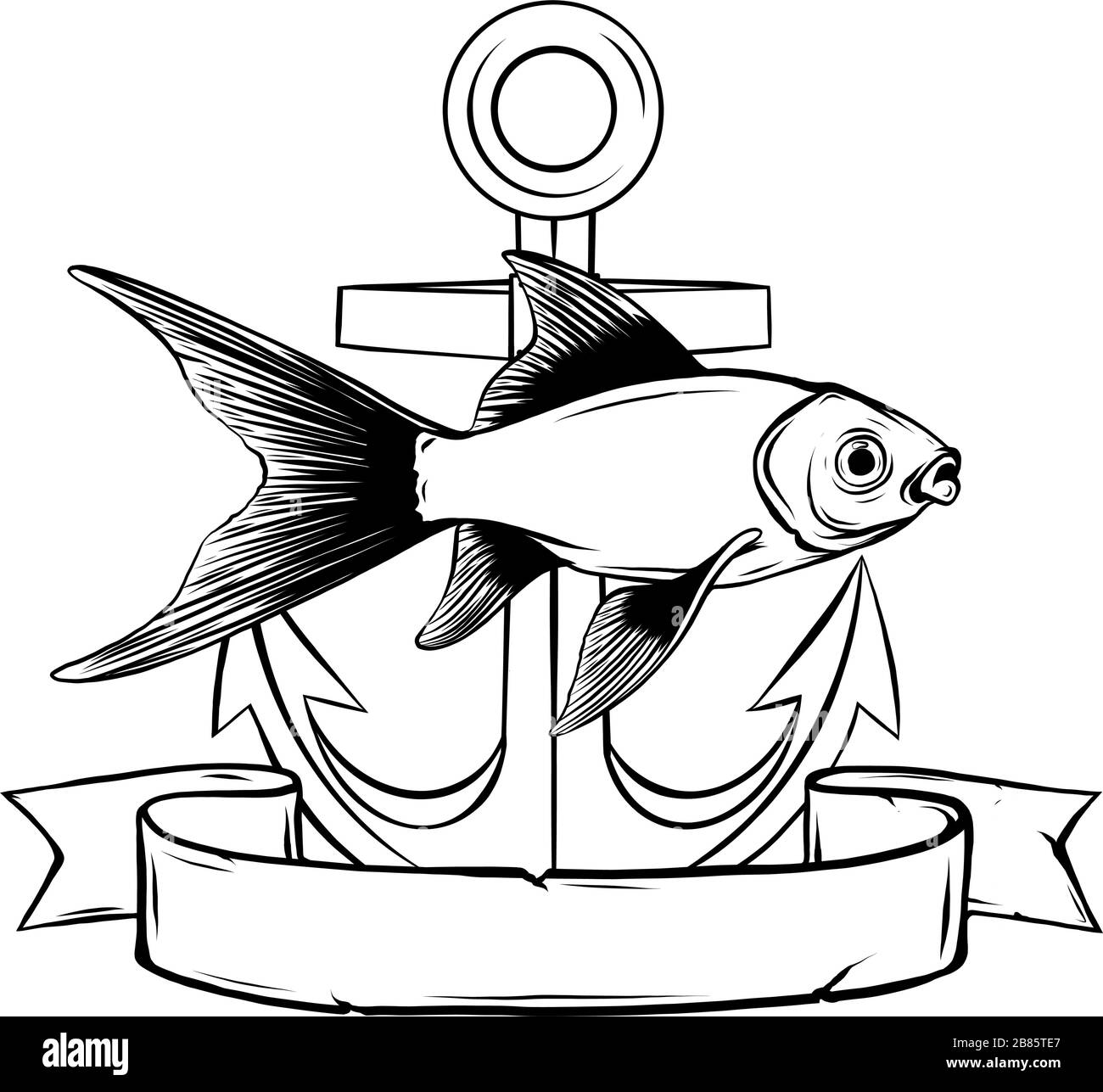 Ein Draw Anchor und Fischvektor illustrarion Stock Vektor