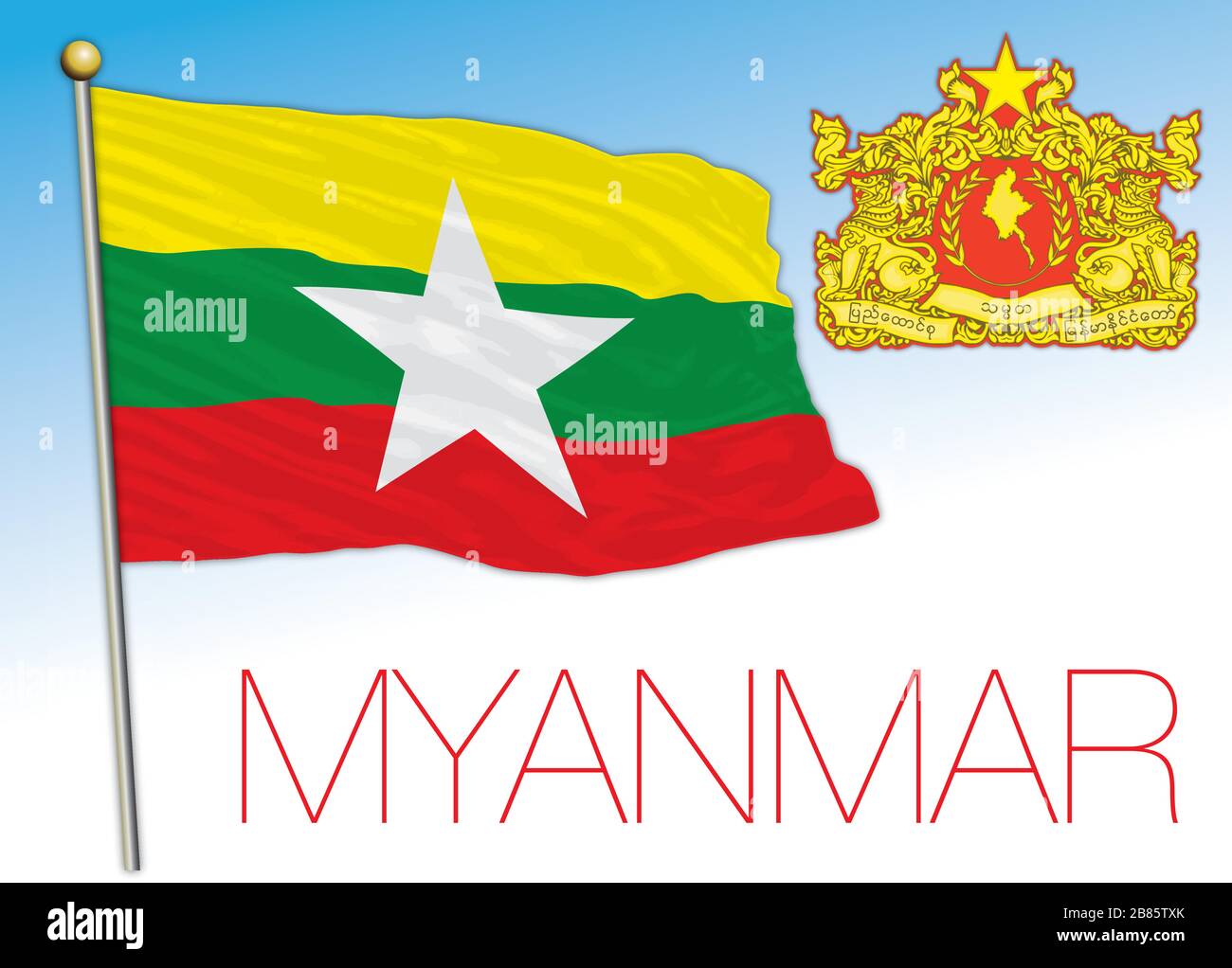 Offizielle Nationalflaggen und -Wappen Myanmars, asiatisches Land, Vektorgrafiken Stock Vektor