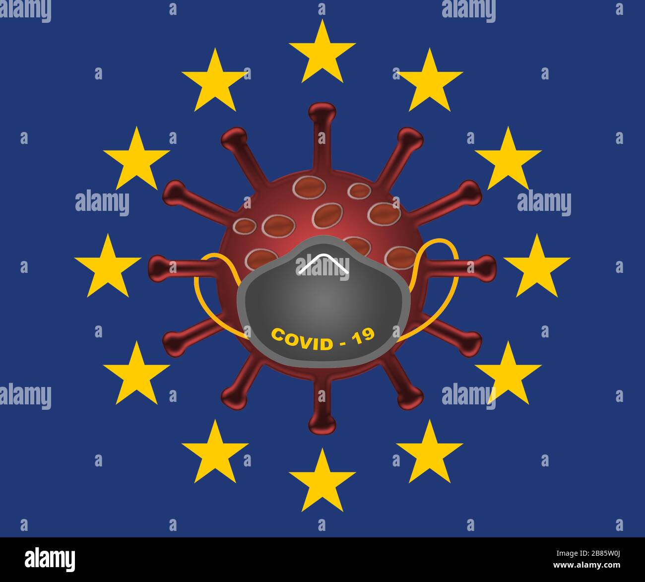 Flagge der Europäischen union mit Symbol des Corona-Virus. Finanzkrise nach Kovid 19 oder Corona-Virus 2020. Stockfoto
