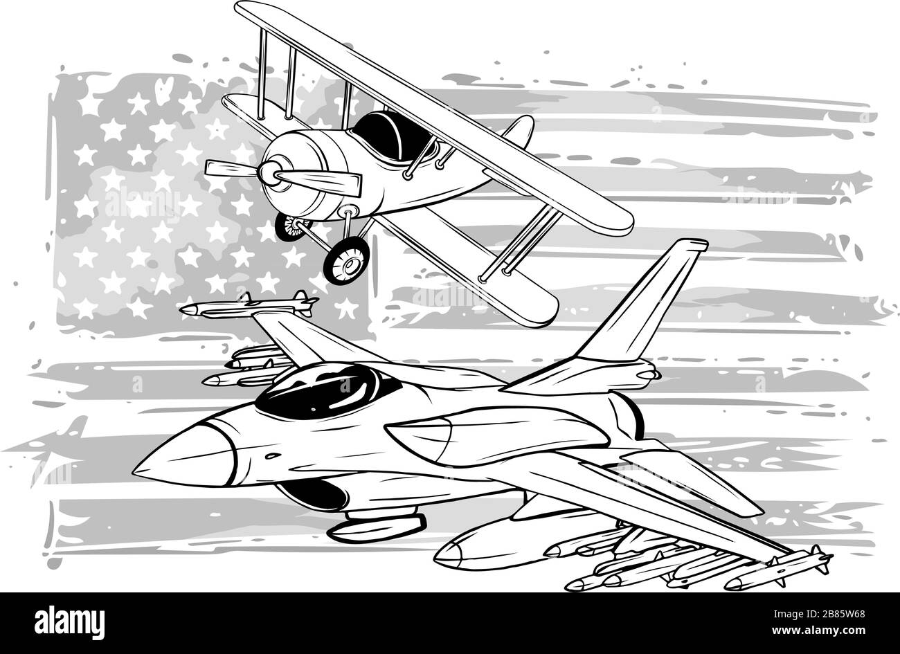amerikanische Flagge mit Vektorgrafiken von Militärflugzeugen Stock Vektor