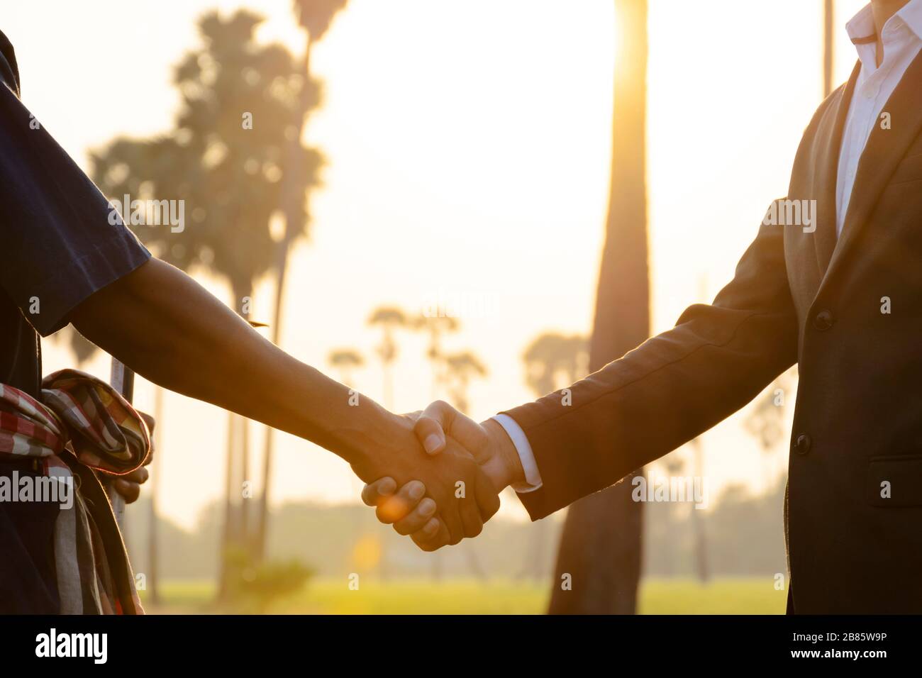 Joint Venture im Agrarhandel, Handshake wird ein Vertrag in Vereinbarung. Zwischen Geschäftsleuten und Landwirten. Landwirtschaftliche Produkte sind wertvoll. In Stockfoto