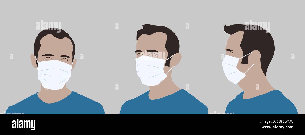Realistische Darstellung eines jungen Mannes mit medizinischer Maske, Seiten- und Vorderansicht Stock Vektor
