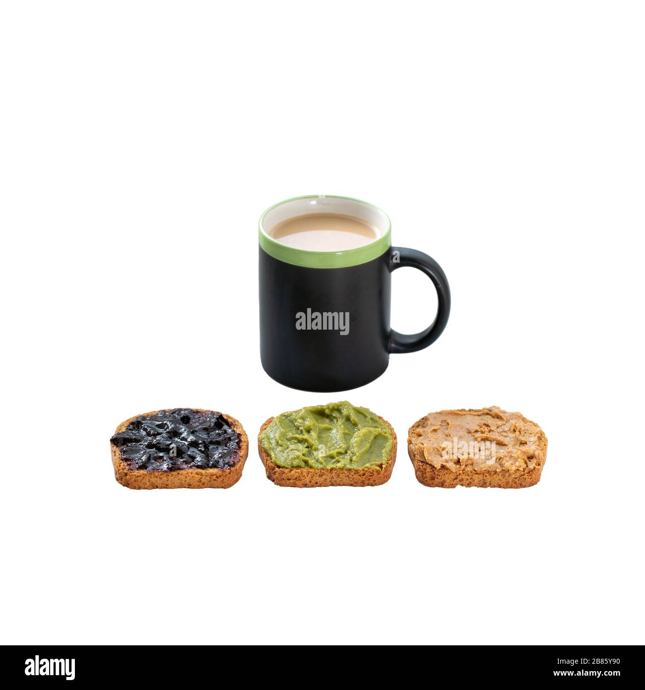 Kaffeetasse mit drei Toastarten Stockfoto