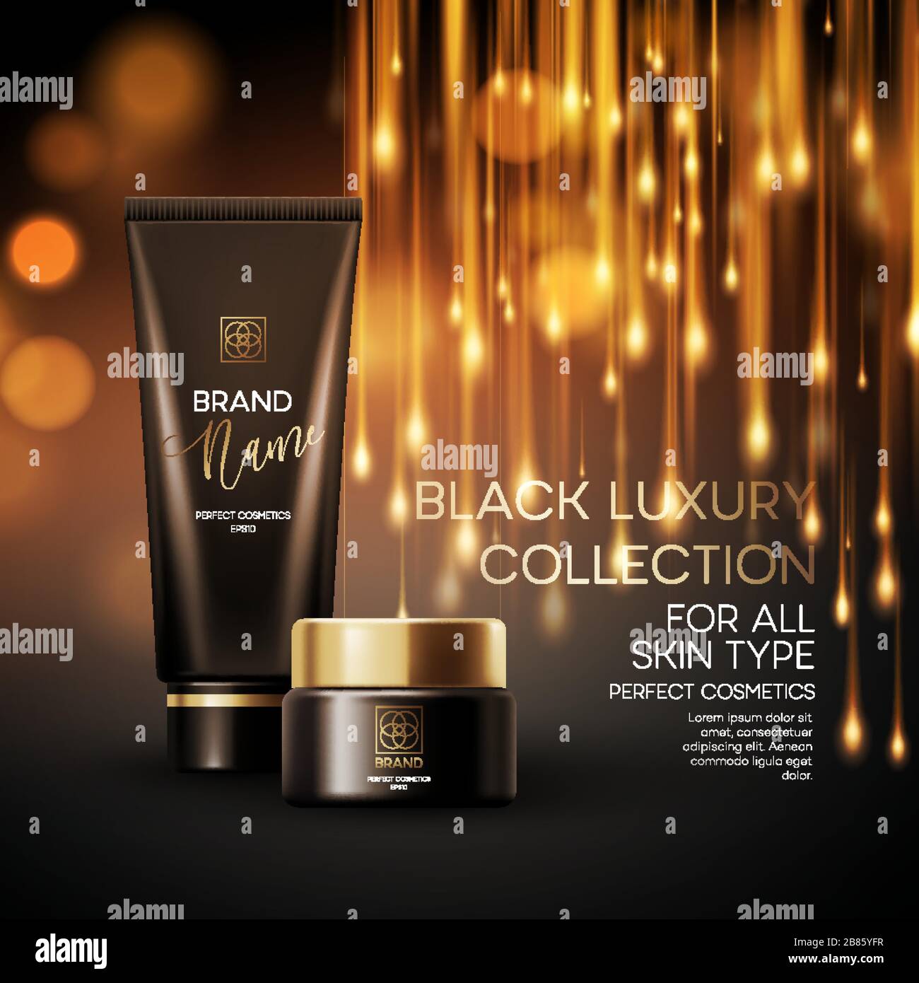 Kosmetikprodukte mit Luxus-Kollektion auf schwarzem, verschwommenem Bokeh-Hintergrund. Vektorgrafiken Stock Vektor