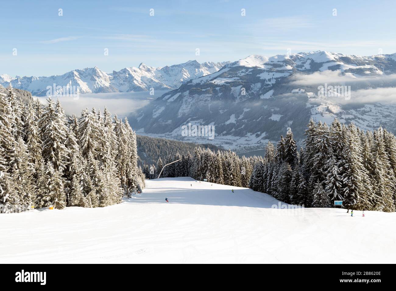 Skipisten und schneebedeckte Tannen im Ferienort Zell am See in Österreich. Stockfoto