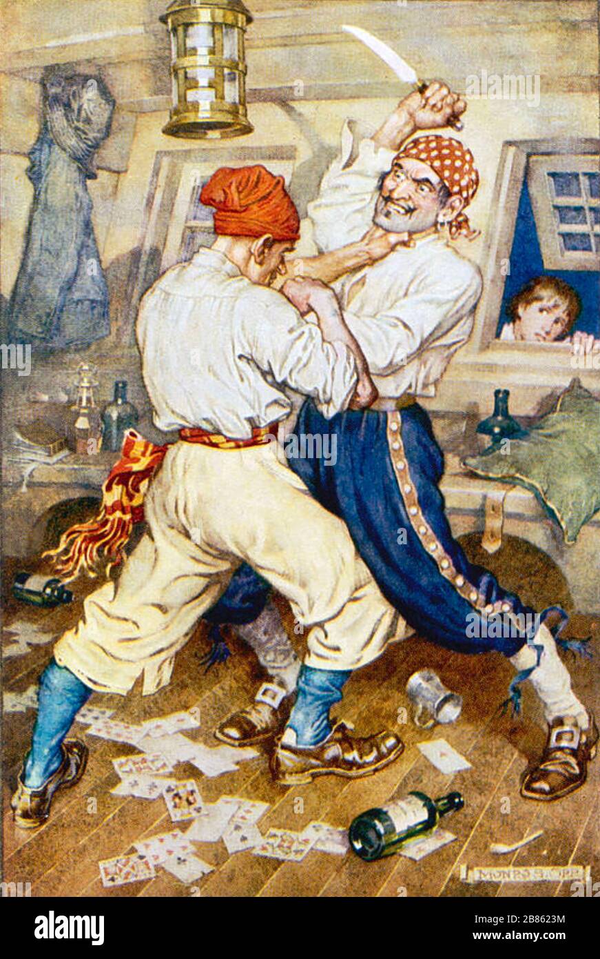 SCHATZINSEL von Robert Louis Stevenson, erschienen in Buchform von 1883. Jim Hawkins beobachtet einen Kampf zwischen zwei Piraten. Stockfoto