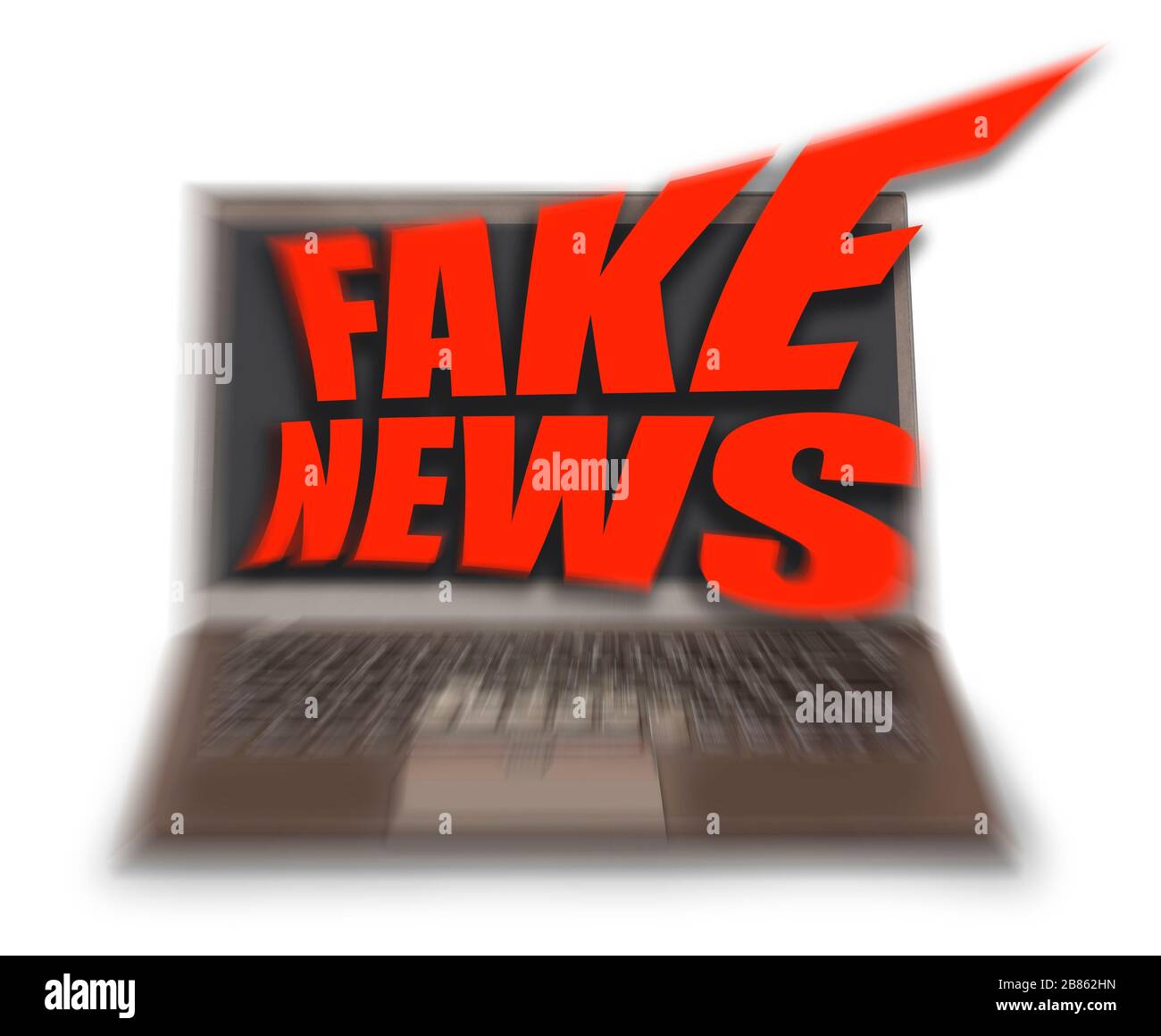 Gefälschte Nachrichten, falsche Informationen, Hoax, Desinformation und Propaganda-Konzept. Verdrehte rote Buchstaben, die von einem Notebook-Computerbildschirm kommen und gefälscht sagen Stockfoto