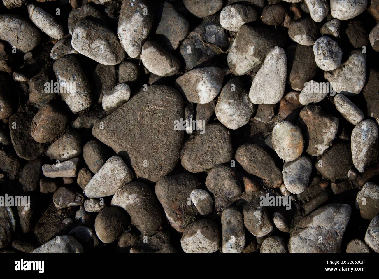 Kieselstein. Glatte Steine. Steine Hintergrund. Graue Steine. Natürlicher Hintergrund. Kopierbereich. Stockfoto