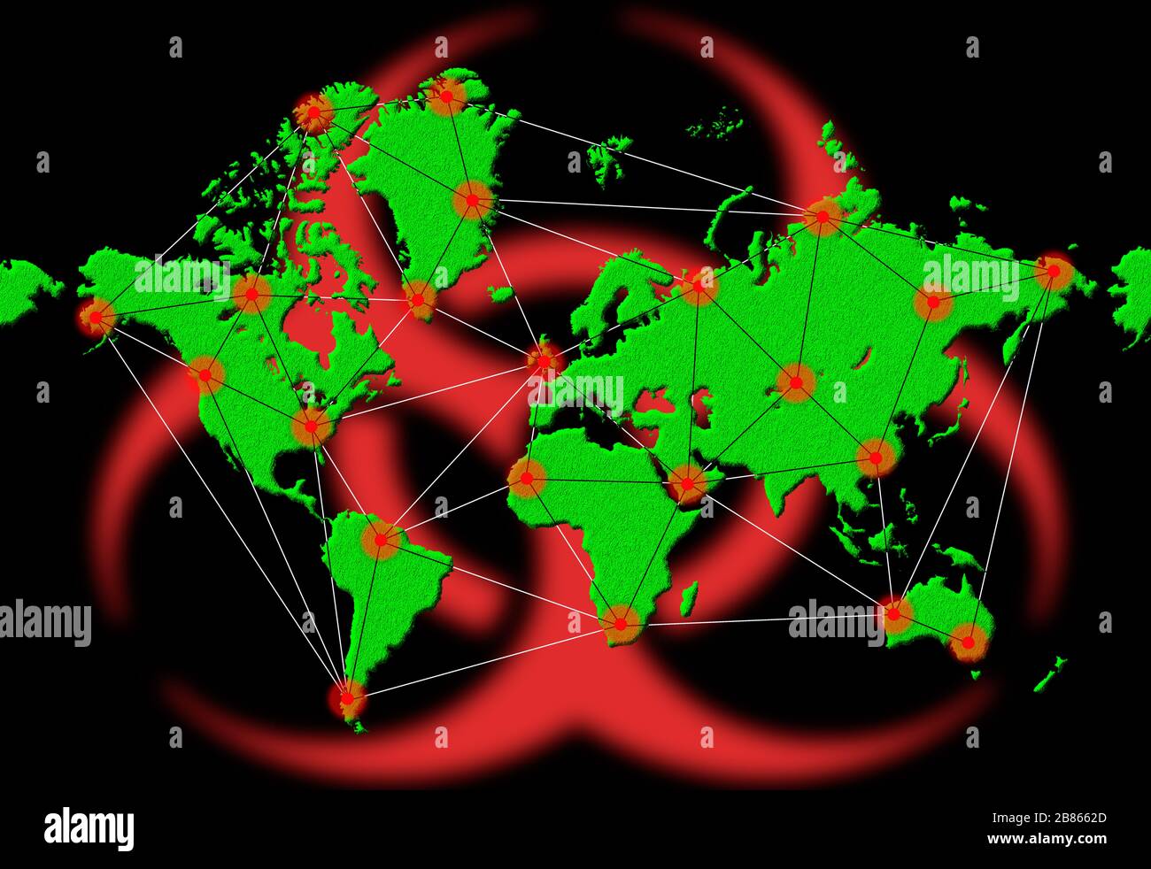 Abbildung oder Grafik zur weltweiten Verbreitung von Infektionen oder Infektionsviren auf der Weltkarte während eines pandemischen Coronavirus COVID 19.Virus. Stockfoto