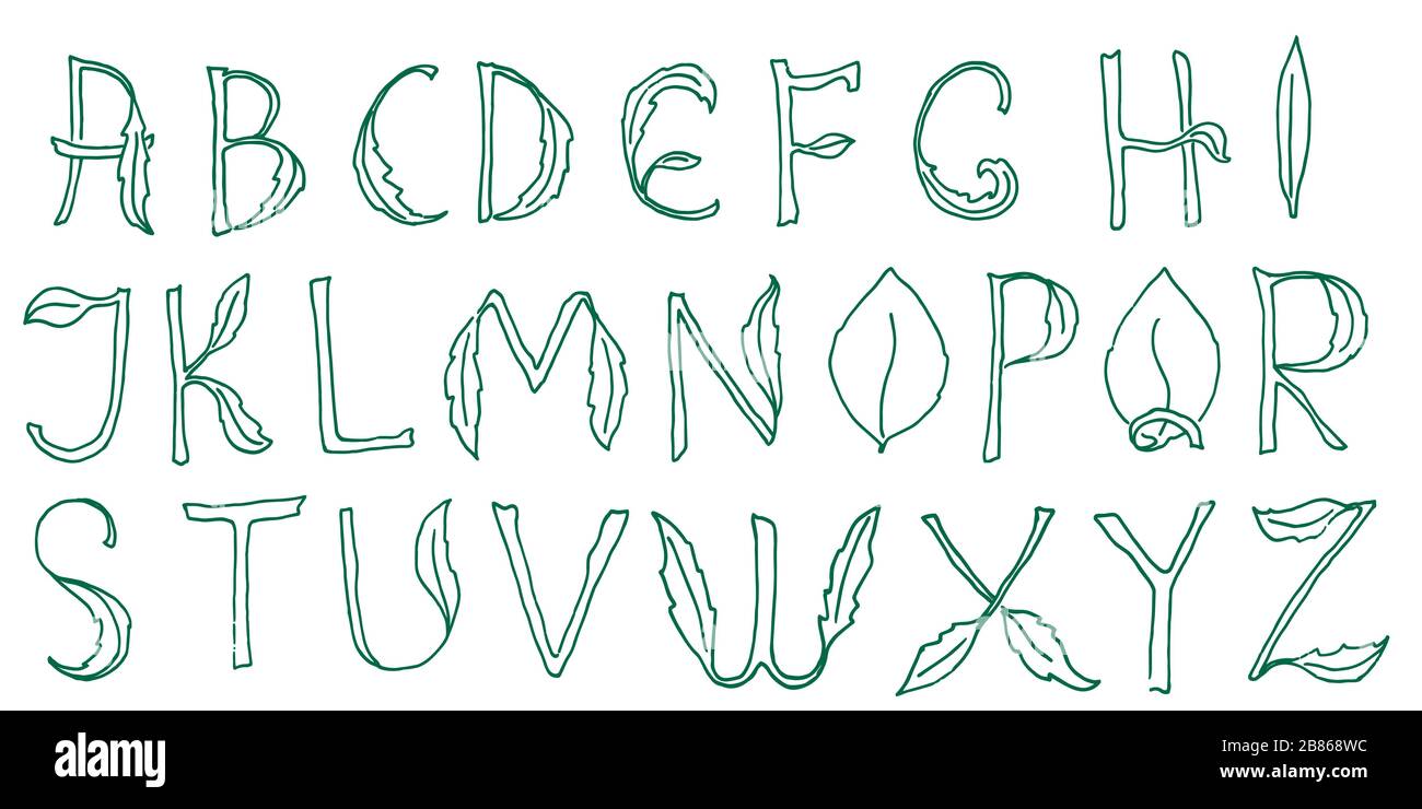 Schrift mit Blättern, natürlicher Stil, Buchstaben. Alphabet-Design für  Öko-Lebensmittel, vegetarisch, Vitamin-Paket, Vektor Stock-Vektorgrafik -  Alamy